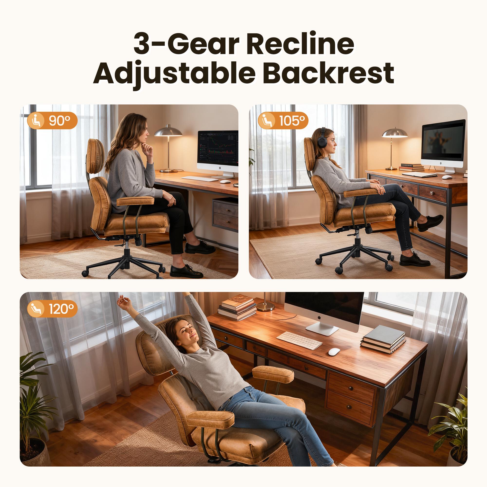 OOSWIFT Ergonomic Home Office Chair, Mid-Century Modern Faux Leather Chairs with Thickened Cushions, Comfy High Back Swivel Rolling Executive Computer Armchair