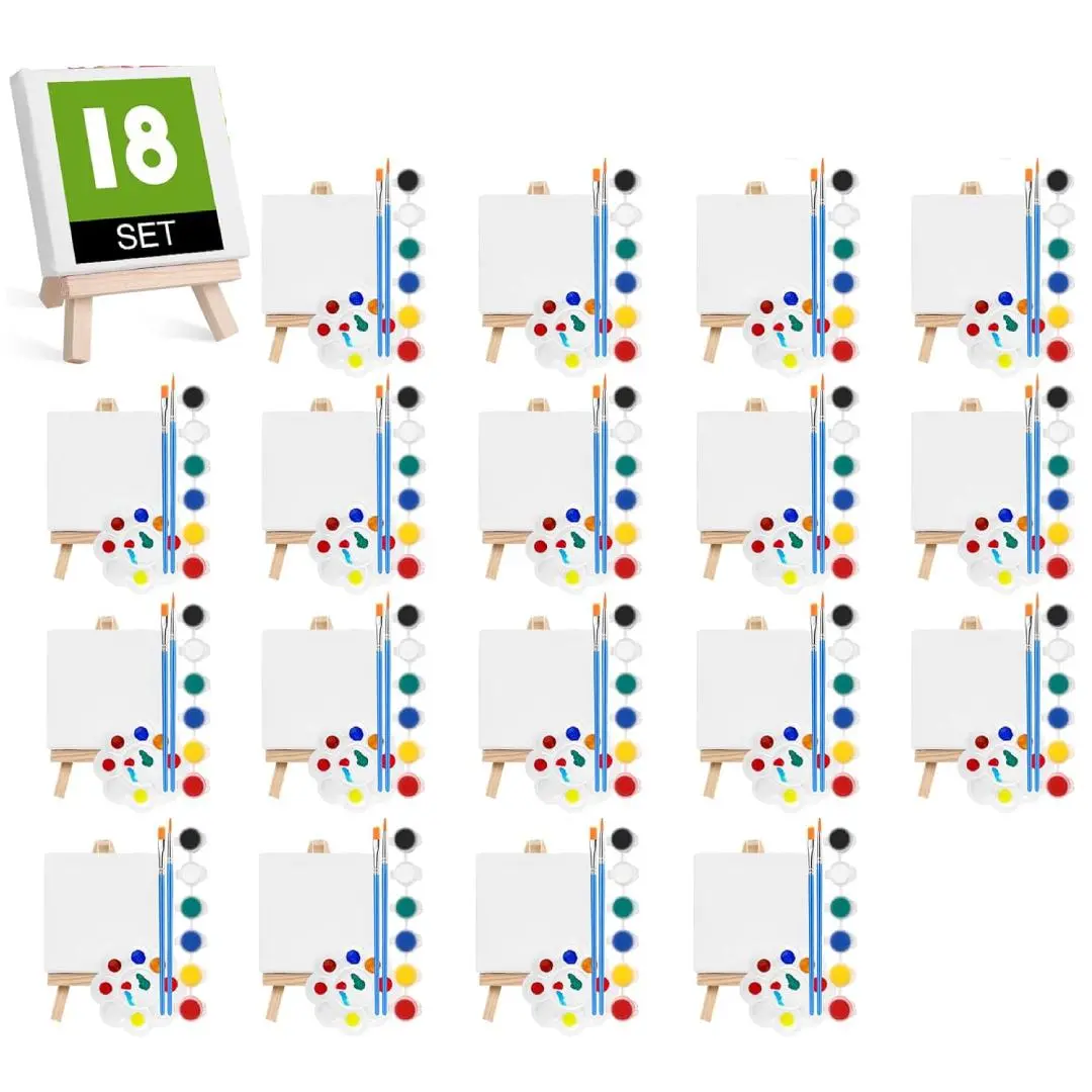 18 Set Mini Acrylic Paint Kit,Minis Stretched Canvas with Easel,Acrylic Paint Strips,Palettes,Painting Brushes,Mini Canvas and Easel Set for Students,Artists Beginner,Party Gifts