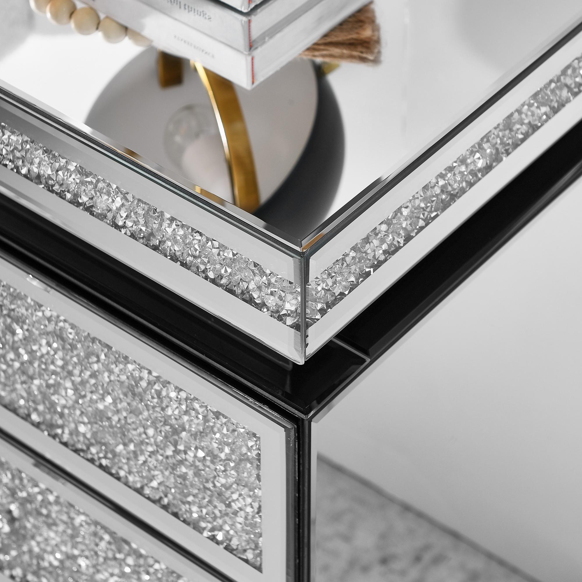 Mirrored Nightstand Modern Bedside Table with 3 Drawers, Silver End Table with Crystal Inlay, Bedside Table, Glass Table for Bedroom, 13.8''W x 17.7" L x 23.6" H