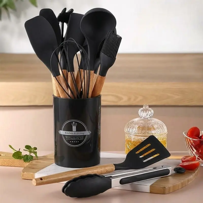 Wooden handle silicone kitchenware 12-piece set with round storage bucket, including non-stick spatula, spoon and blender, etc., perfect for Christmas,  Easter gifting. silicone kitchenware Set with Baking Tool. Utility. Cookware Kitchen Utensil Set