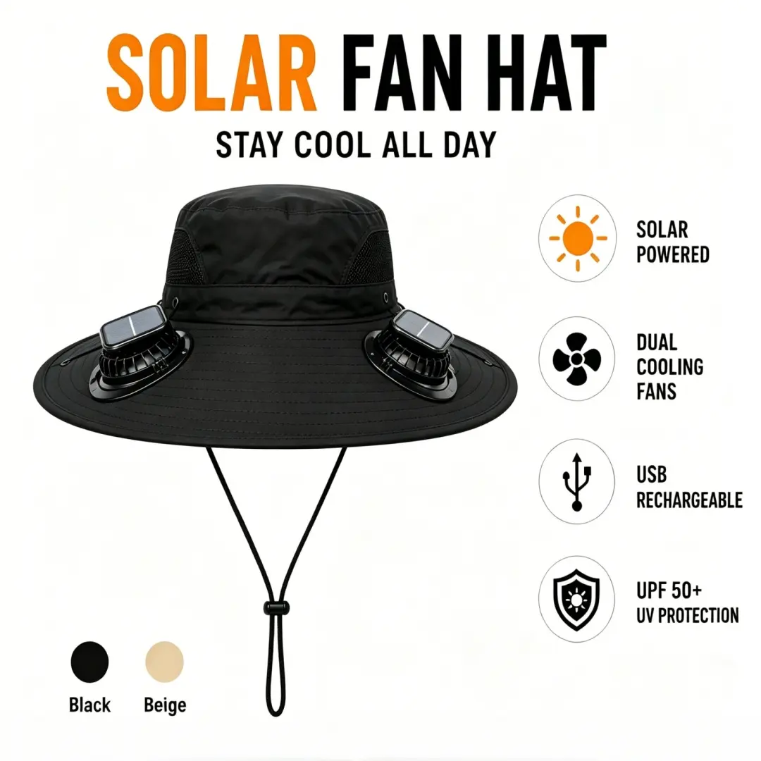 Solar Fan Hat with Dual Cooling Fans - USB Rechargeable, 3-Speed, UPF 50+ Wide Brim Breathable Mesh Safari Cap, Outdoor Sunscreen Gear for Yardwork, Hiking, Home & Party Supplies Accessory, Hat With Fan