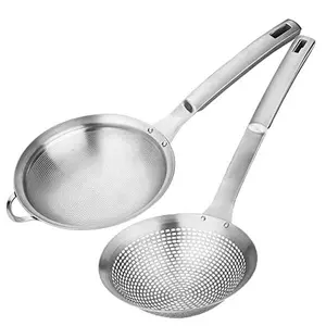 Fine Mesh Stainless Steel Metal With HoleSieve Food Strainer Grease Spider Skimmer And With Handle Large Holes Slotted Colander Frying Spoon Set,Handheld For Kitchen Cooking And Filter Food Residues