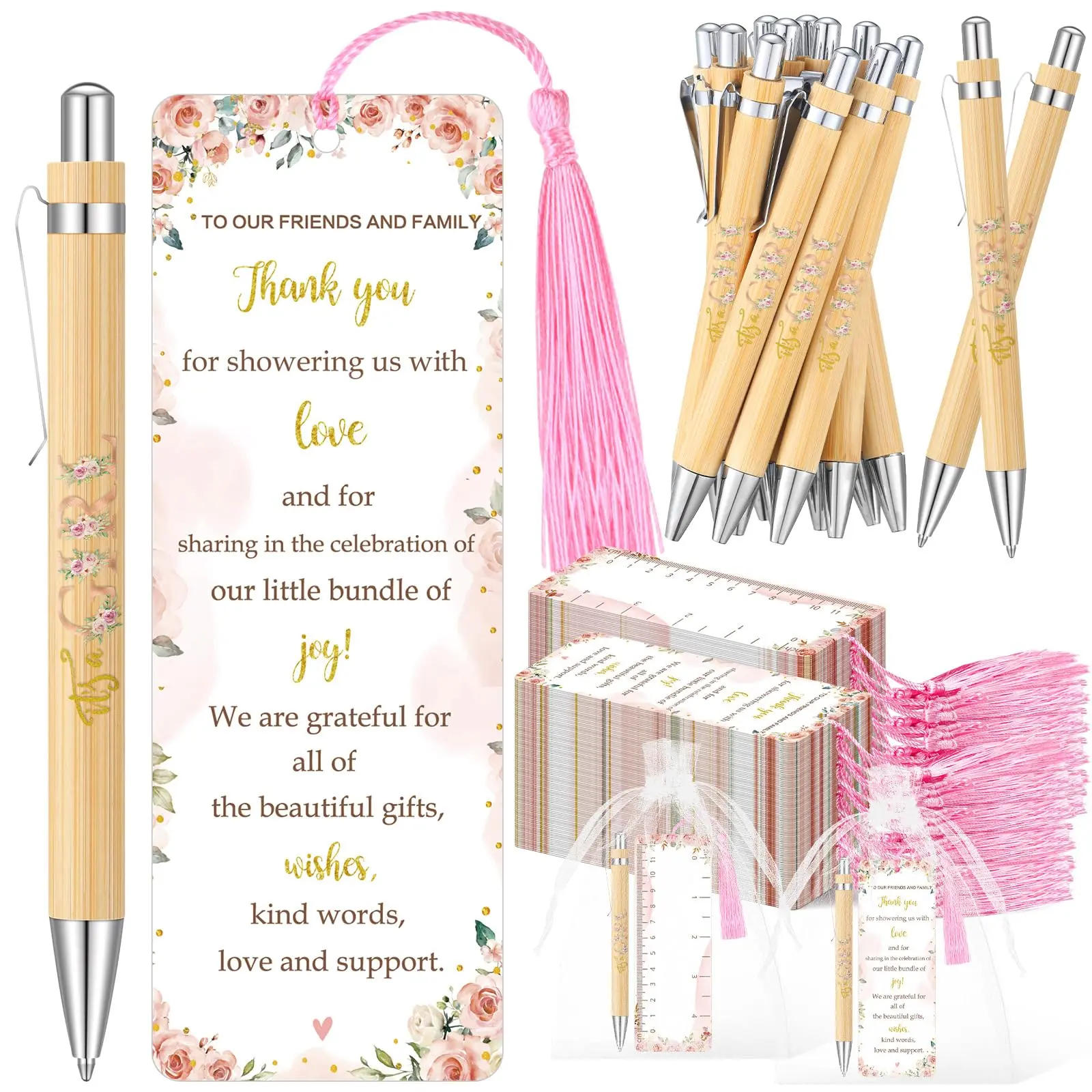 50Pcs Baby Shower Gifts Set Bulk Ballpoint Pens for Guests Parents Friends Family Cute Design with 50 Pens 50 Thank You Bookmarks 50 Organza Bags Ideal for Party Favors for Baby Shower Party Gender Reveal Christening Party Supplies