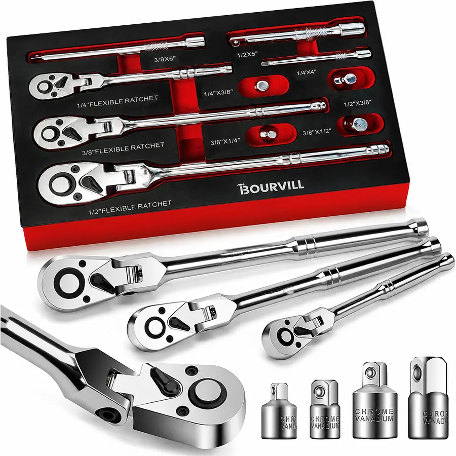 10-Piece Flex Head Ratchet Set, 1/4 3/8 1/2 Inch Drive, Swivel Head Ratchet Wrench with Extension Bars & 4 Adapters, 72-Tooth Quick-Release, EVA Storage Case for Auto & DIY Repairs