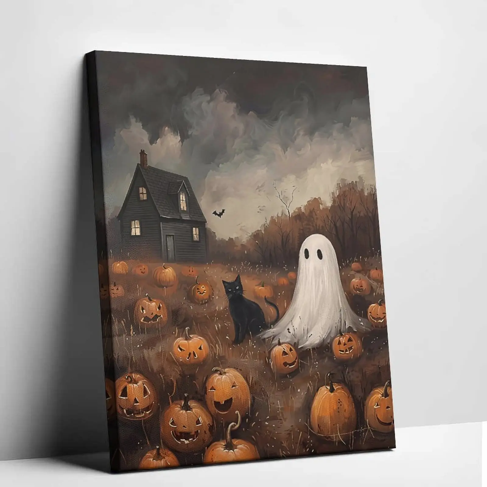 Gothic Halloween Canvas Art Print - Ghost Style, Spooky Ghost, Black Cat, Pumpkin Theme, Creative Design Print, Decoration Items for Living Room, Bedroom, Halloween Decorations, Artistic