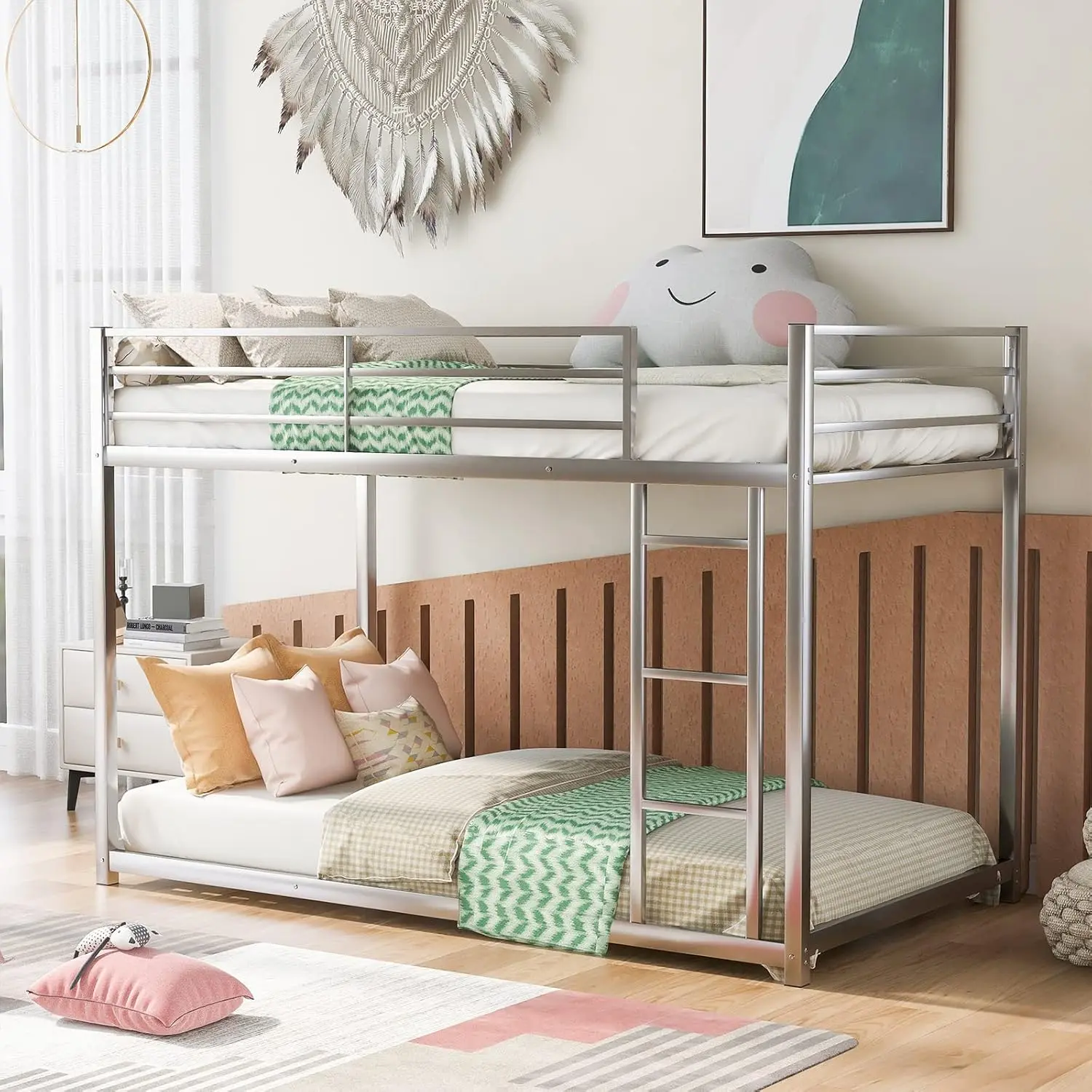 Twin Over Twin Metal Bunk Bed with Ladder, Low Profile Space-Saving, Sturdy Steel Frame, Safety Guardrails, Easy Assembly, Silver