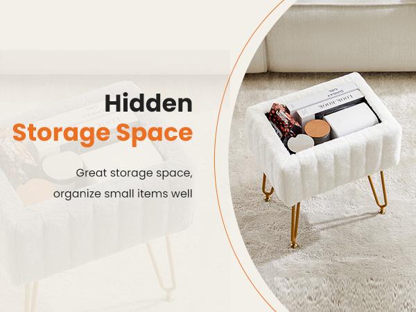 Vanity Stool Chair with Storage, Ottoman Faux Fur Soft Padded Makeup Footstools Seat Modern Footrest for Home Entryway Bedroom