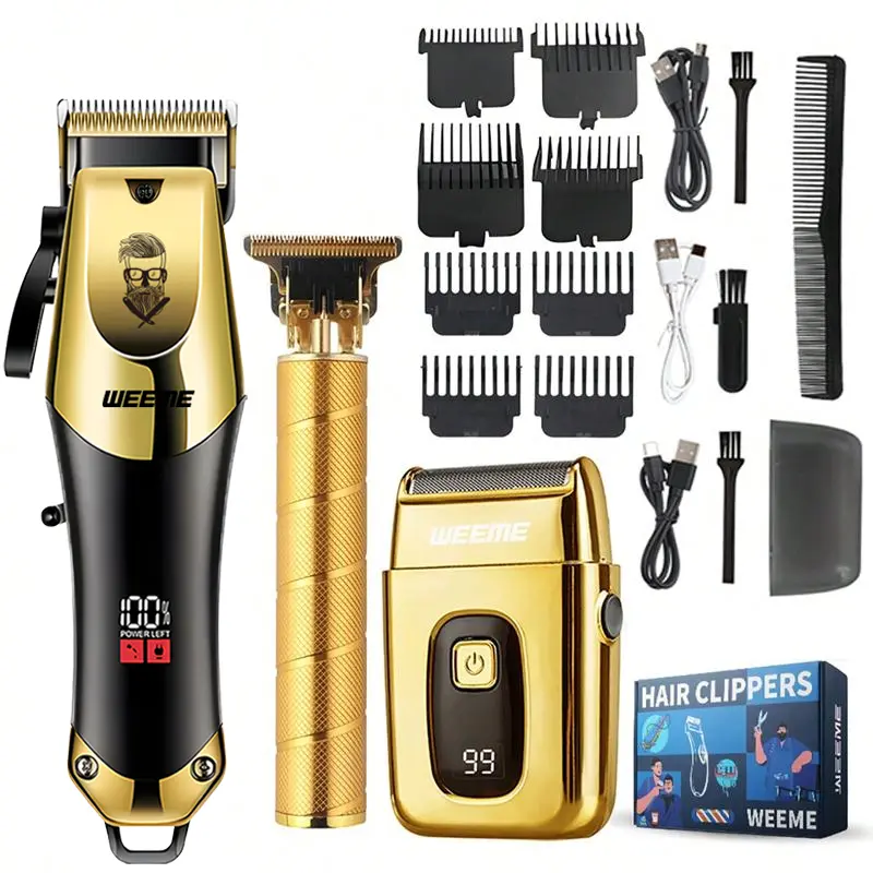 Men's 3-Piece Professional Blonde Barber Equipment Kit - USB-Rechargeable Cordless Battery-Powered Hair Clipper & Trimmer with LCD Display, Adjustable Blade, Batteries, Daily Care Features