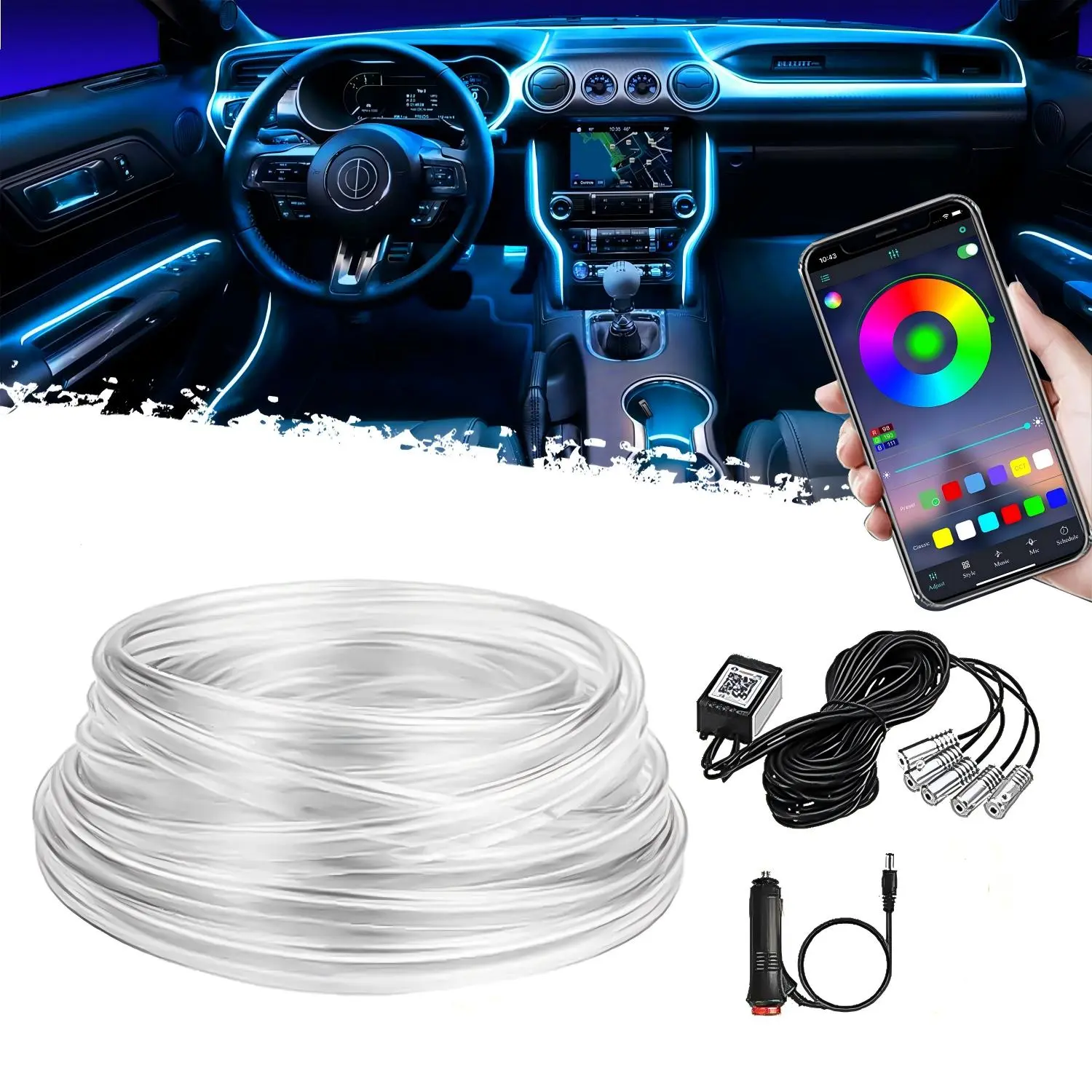 DIBMS 5-in-1 RGB LED car ambient lighting kit supports smart app control and offers a choice of 16 million colors; featuring a 236-inch fiber optic light strip and music-sync functionality, it is designed specifically for vehicle interior decoration.