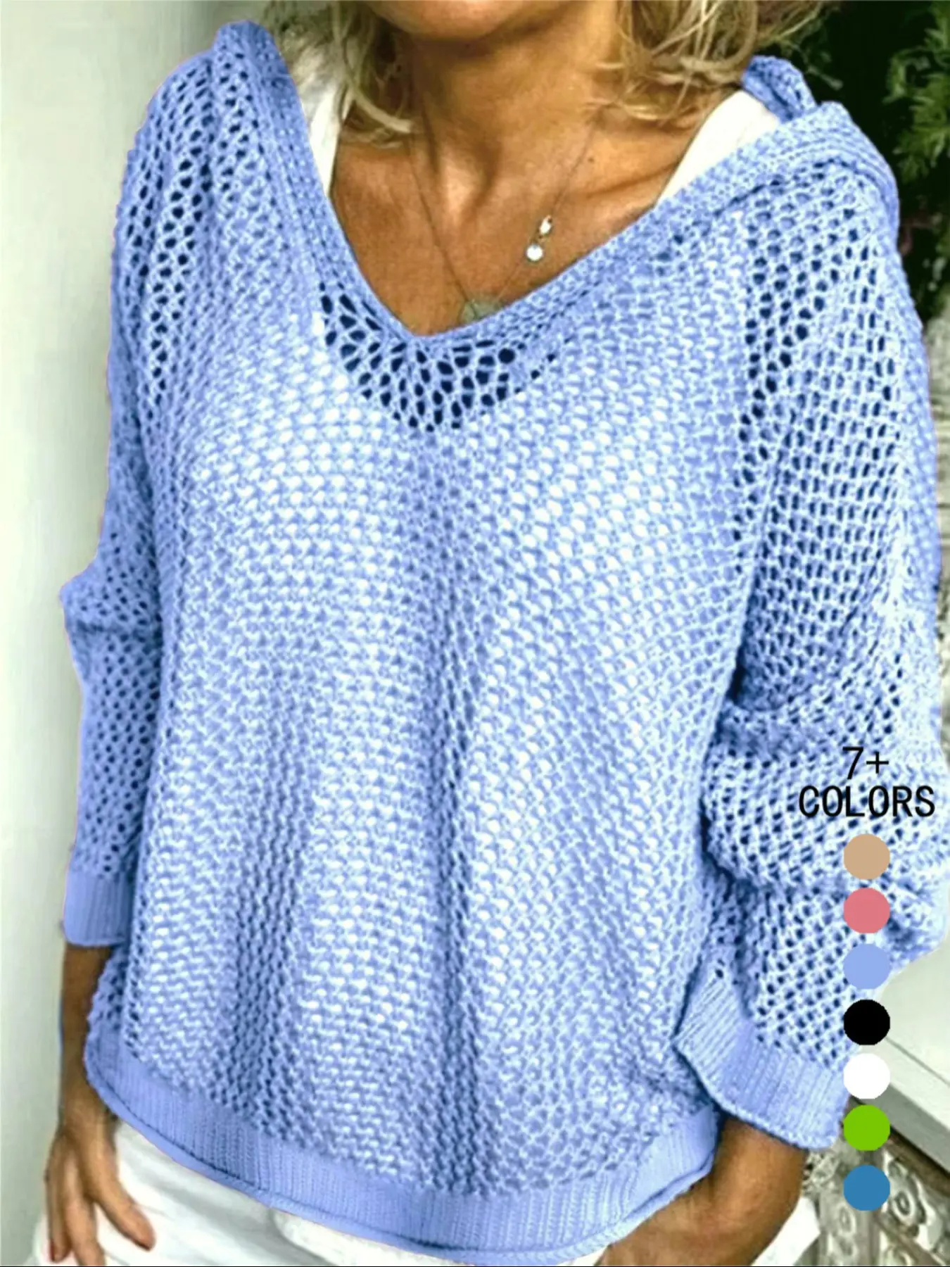 Women's Casual Loose-Fit V Neck Top, Hollow Out Design, Breathable Knit, Polyester Knit Fabric, Hand Washable, All Season Wear, Casual Fashion Knitwear, Knitwear, Womenswear, Lady, Long Sleeve, Knit Sweater, Knitting, Casual Loose Jumpers