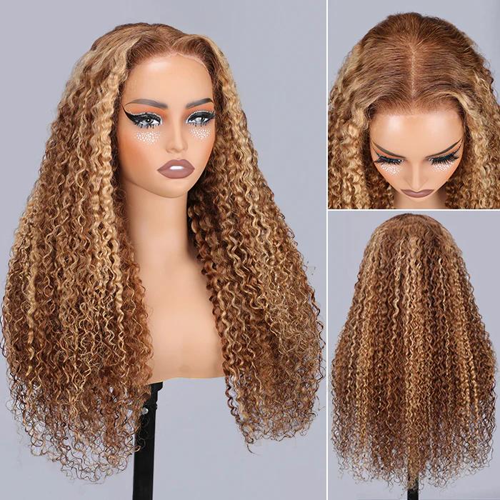 Pizazz Hair Highlight Ombre Curly Lace Front Wigs Human Hair Pre Plucked 13x5 /13x6 HD Transparent Honey Blonde Curly Human Hair Lace Frontal Wigs For Women