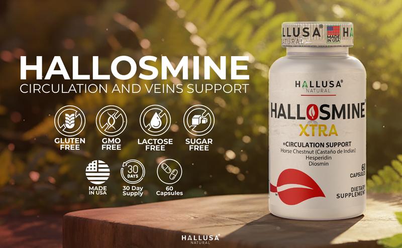 HALLUSA NATURAL HALLOSMINE XTRA 60 Capsules + FREE Cream for Vein & Circulation Support with Diosmin Horse Chestnut & Hesperidin Natural Fitness Healthcare - Edible Healthy Dietary Supplement