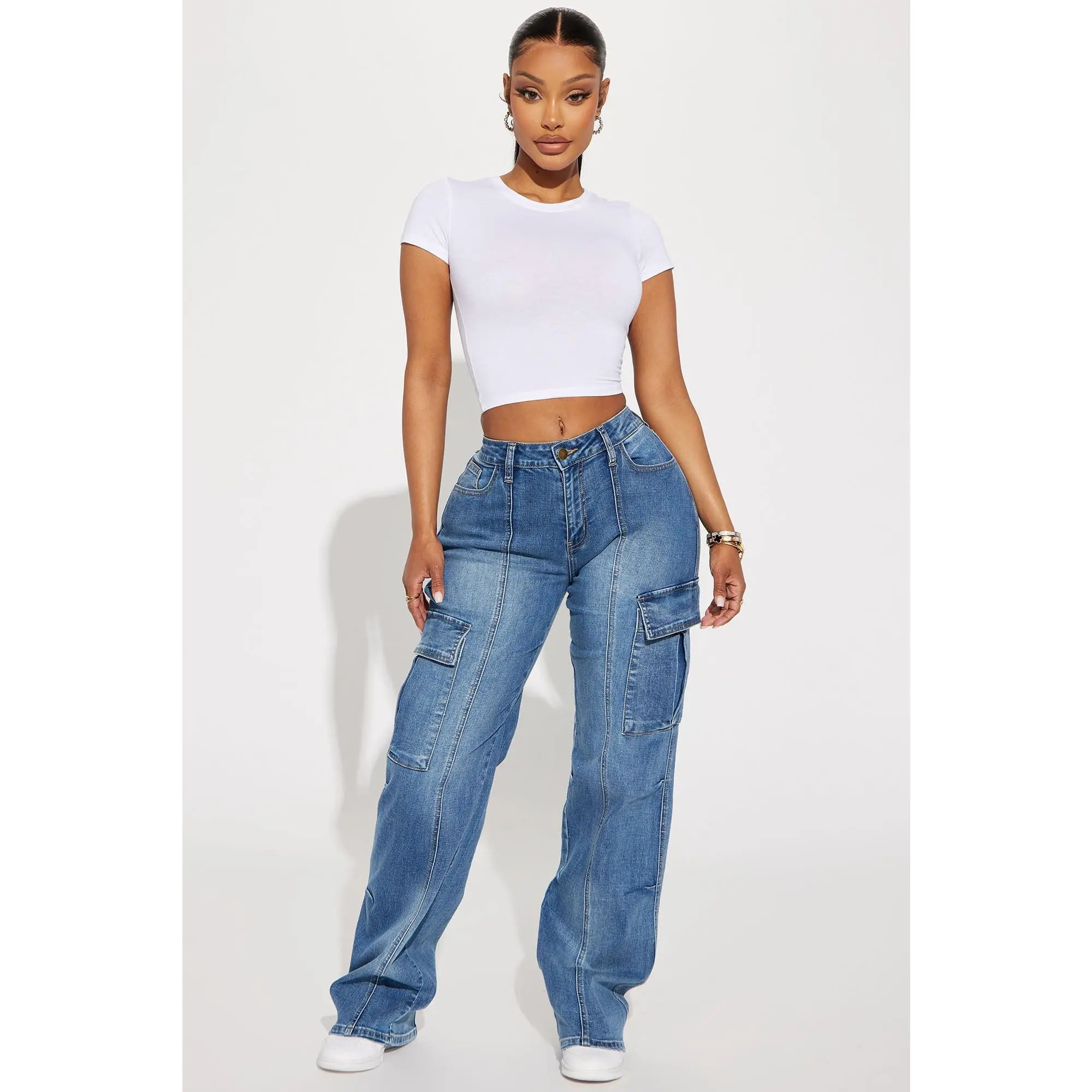 Say It Now Stretch Straight Leg Cargo Jeans - Dark Wash