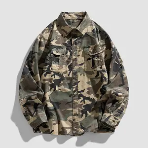 New men’s autumn shirt jacket with a turn-down collar; vintage camouflage work shirt; long-sleeve turn-down-collar work jacket