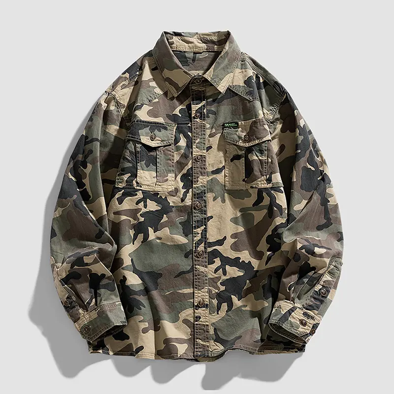 Men's Vintage Camouflage Shirt Jacket, Casual Loose Fit Cotton Blend Long Sleeve Button Down Overshirt with Flap Pockets, Menswear