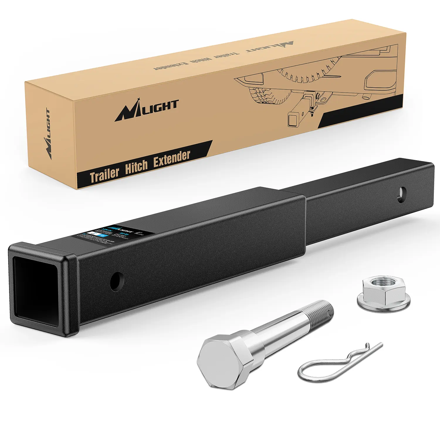Nilight Trailer Hitch Extender 18 Inch Extension Length Fits for 2 Inch Receiver Tube with 5/8 Inch Stainless Steel Bolt Flange Nut and Clip 3,500 LBS GTW Matte Black