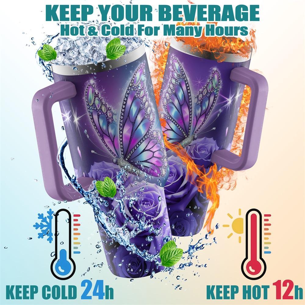 White 40oz Stainless Steel Butterfly & Rose Pattern Tumbler - Vacuum Insulated Drinkware with Lid, Grip Handle, Single Unit Vacuum Flask, Gift for Birthdays or Special Moments for Family, White（With Grip Handle And Lid）