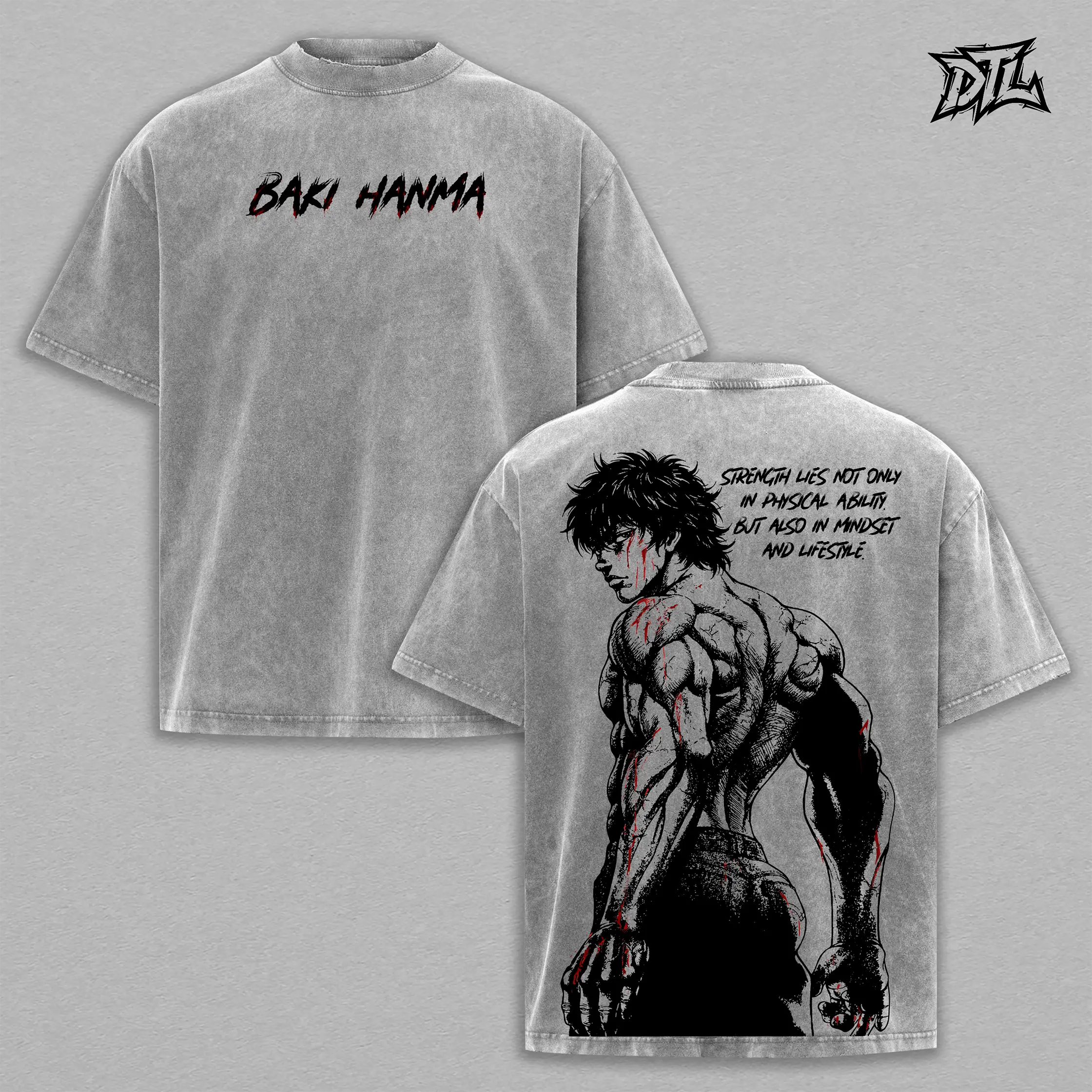 Baki Hanma Gym Merch Demon Back Graphic Tee | Vintage Grey Washed Heavyweight Cotton Oversized T-Shirt Mindset Quote Blood Splatter Manga Streetwear Apparel Trendy T-Shirts Japanese Otaku Gymwear Pump Cover