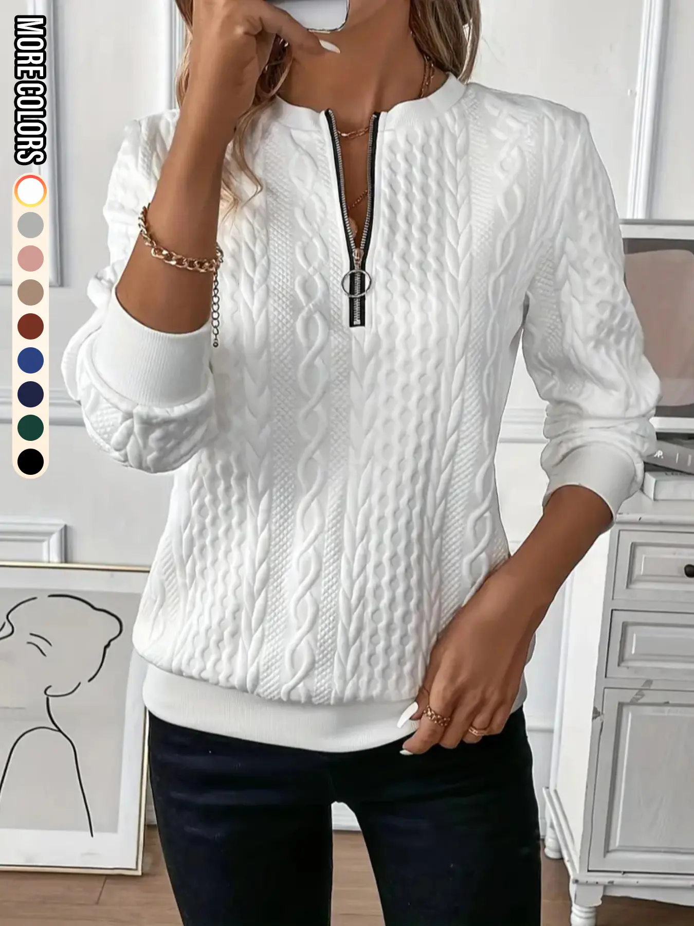 【Back to School Outfits】Women's Plain Textured Half Zip Up Sweatshirt, Casual Long Sleeve Round Neck Pullover for Fall & Winter, Ladies Clothes for Daily Wear