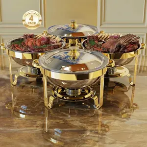 Round Chafing Dishes for Buffet 4 Pack, 5QT Chafers and Buffet Warmers Sets. Gold Chafing Dishes for Buffet Parties Gatherings