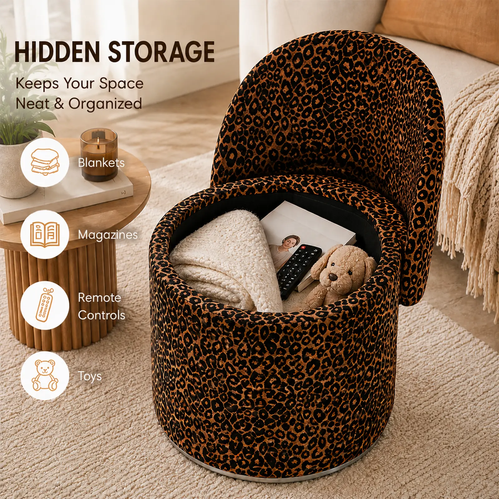 Swivel Vanity Stool, Vanity Chair, Makeup Chair, Multi-Function Storage Ottoman, Cloud-Soft Velvet Side Table for Bedroom & Living Room,