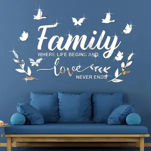 ZY Mirror Family Wall Letter Quotes Decor 3D Acrylic Wall Decal Stickers DIY Removable Art Decals Motivational Butterfly Mural Stickers for Home Decor(Silver)