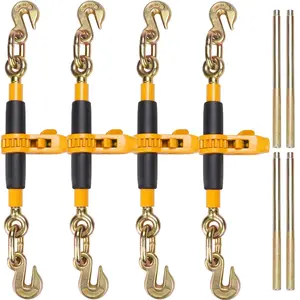 Ratchet Chain Binder Set - 4 Pieces, Heavy Duty, G80 Hooks, Anti-Skid Handle, Secure Binding for Flatbed Truck, Sizes 3/8"-1/2" & 5/16"-3/8"