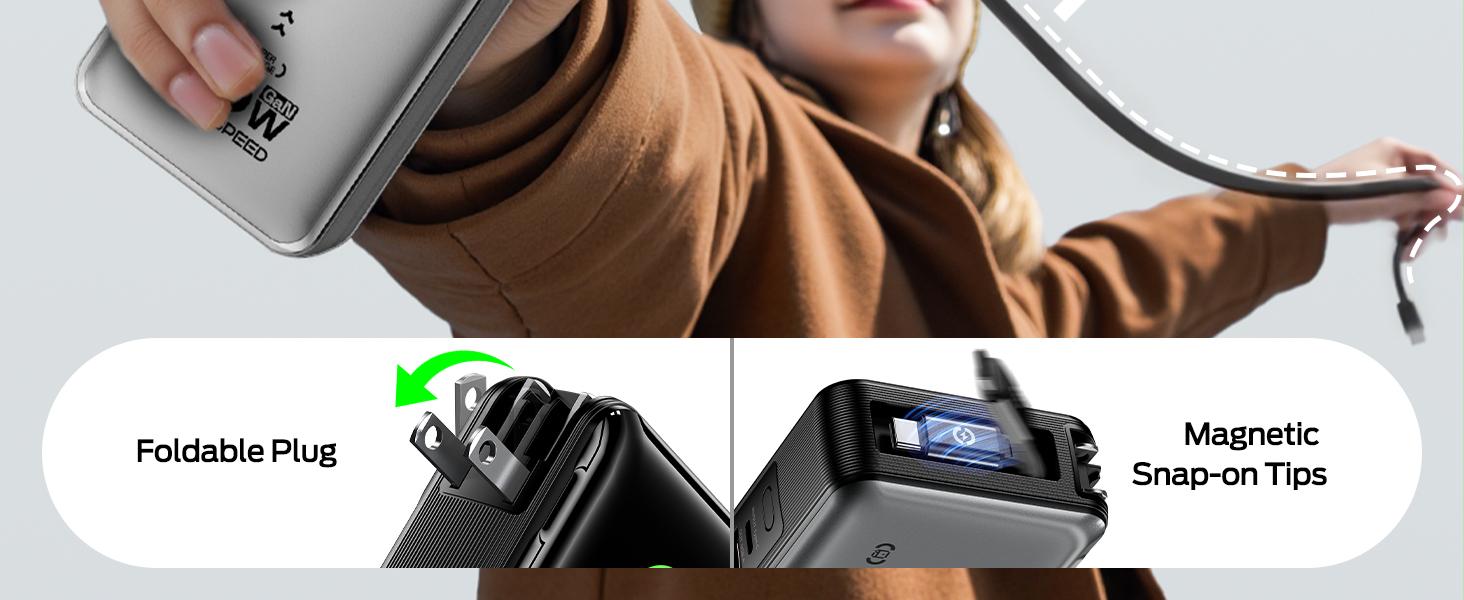 MOVE SPEED 3 in 1 Portable Phone Charger, 10000mAh 35w /20000mAh 65W GaN Battery Pack with Built-in Retractable 2.3ft USB-C Cable and Foldable Wall Plug, Travel Power Bank for iPhone 16/15 Series, Galaxy