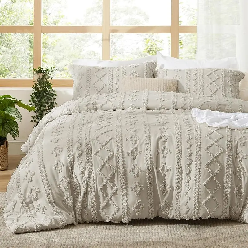 King Size Boho Aesthetic Bedding Set - 3-Piece Crochet Jacquard Embroidery Camel Quilt Bedspread, All-Season Soft Machine Washable Luxury Marshmallow Comforter, Farmhouse Chic Bedroom Decor Idea, Perfect Gift Idea, Bedroom Decor Ideas
