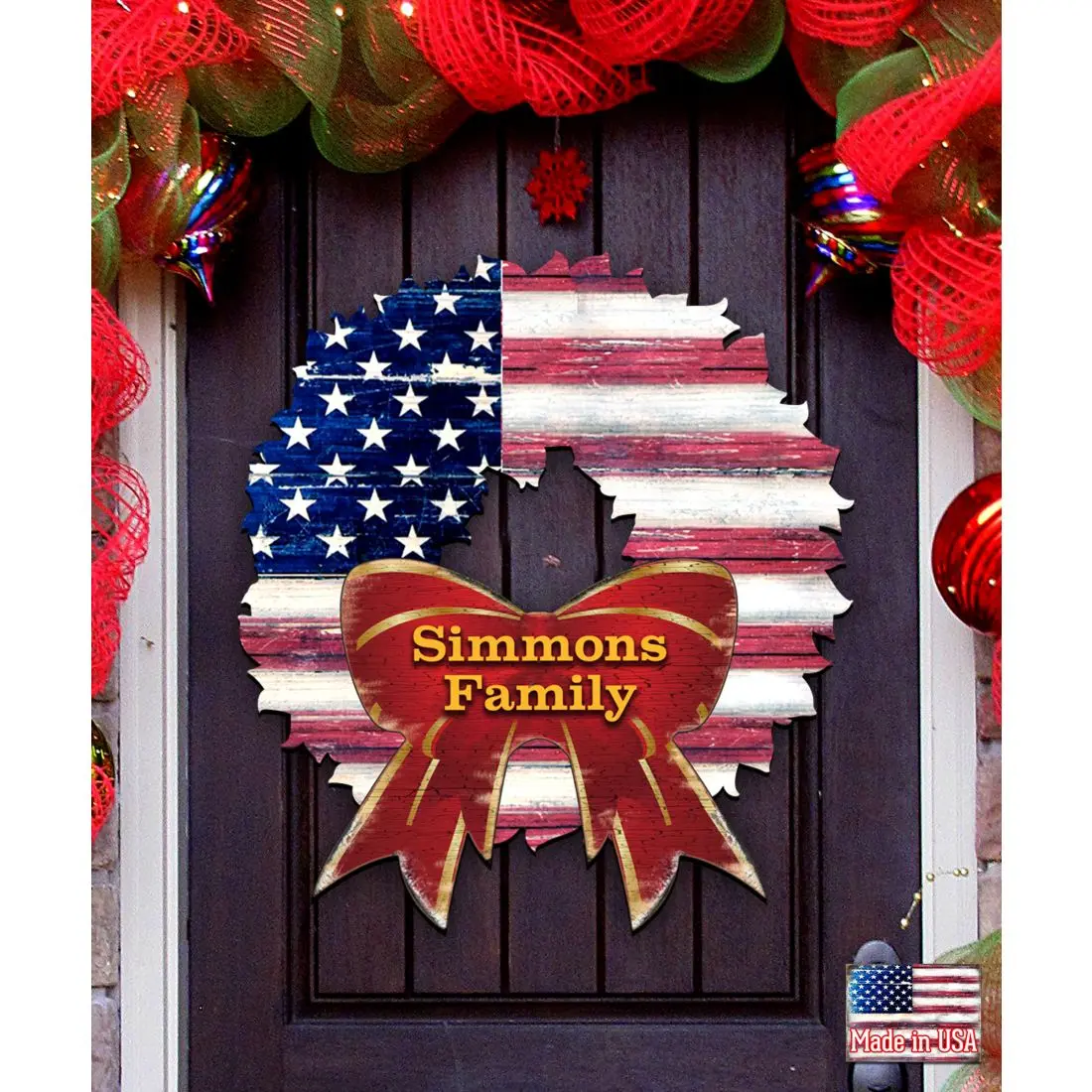 Designocracy 8185302HP Customizable Sturdy Weather-Resistant Wooden Artistic USA Flag Wreath, 24x18in Hangable Decoration - Wall Hanging, Holiday Door Ornament, Family Name Home Supplies Gift