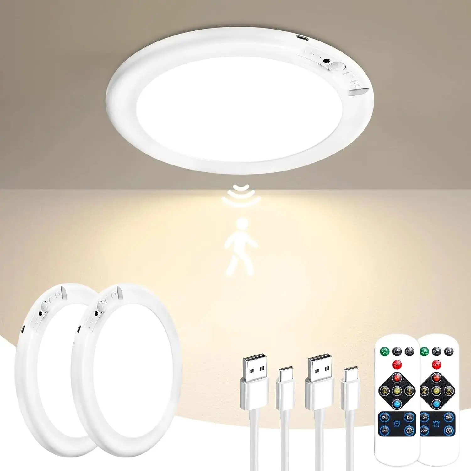 YETHKE Rechargeable  Ceiling Light with Remote 1/2/4 pack , 3 Color Motion Sensor Lights , Wireless Closet Light Battery Operated, Magnetic Dimmable LED Lights for Shower Pantry Shed Hallway Porch Garage Stairs backtoschool tiktokshopbacktoschool