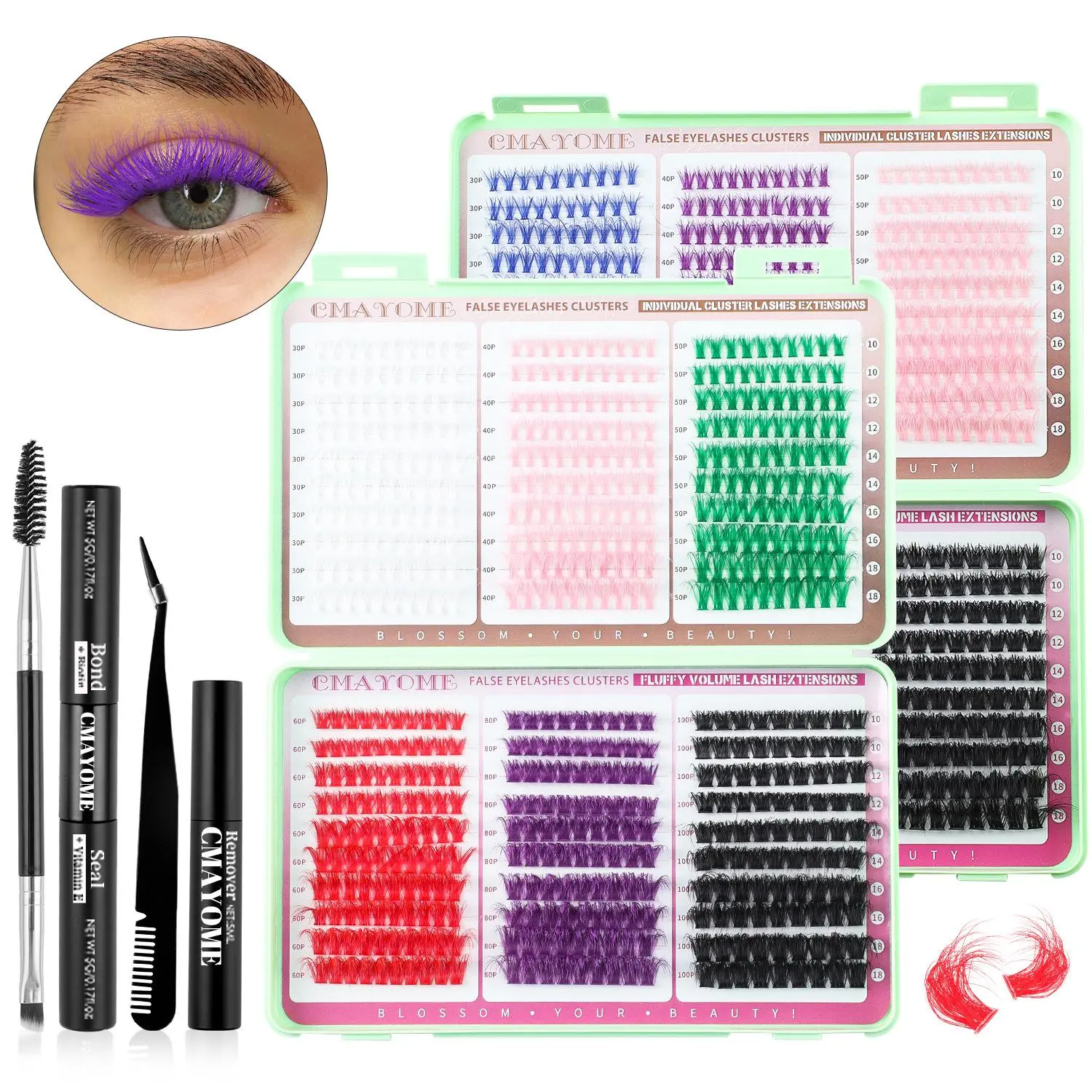 Colorful Single Cluster False Eyelashes Extensions Set with Adhesive Glue, Easy Application, D Curl, Recyclable, Bold Makeup Look, Lashes Clusters