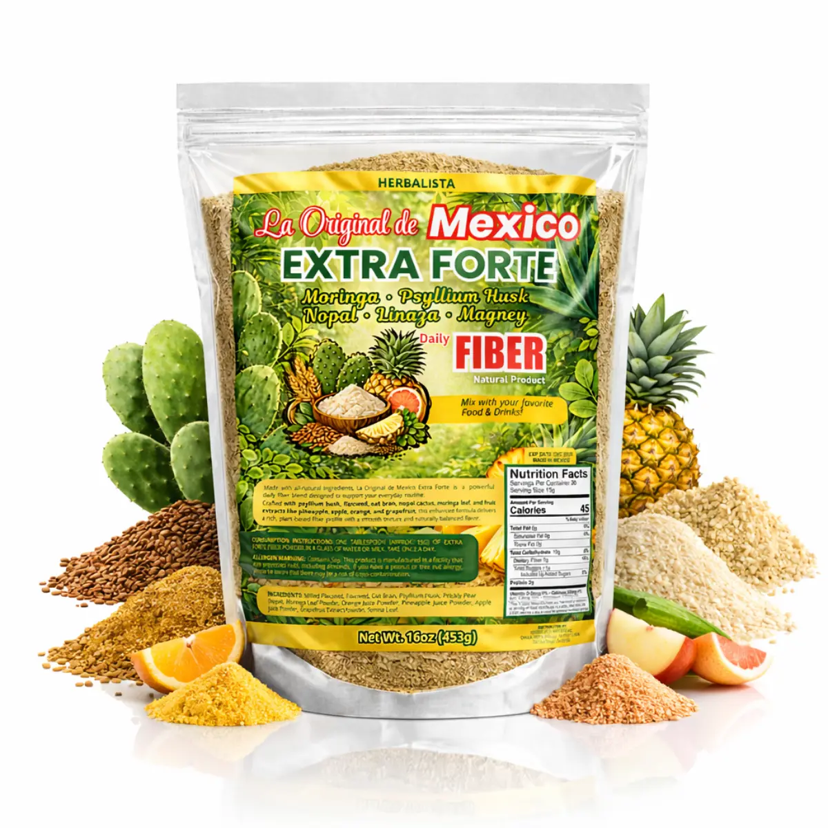 La Original de Mexico EXTRA FORTE Vegan Natural Dietary Fiber Powder, 16oz (454g) Daily Supplement with Flaxseed & Moringa, Moringa + Nopal Mix, Psyllium Husk, Nopal, Agave, Easy-to-Mix Plant-Based Formula