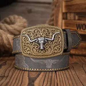 Men Women-Western-Cowboy-PU Leather-Belts - Vintage Belt Floral Engraved Buckle Belt for Jeans