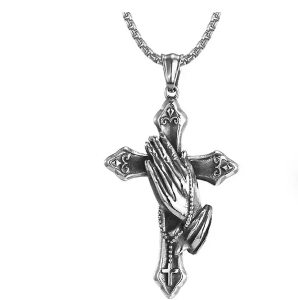 September Laurel Easter Stainless Steel Praying Hands Cross Necklace Prayer Accessories for Men and Women