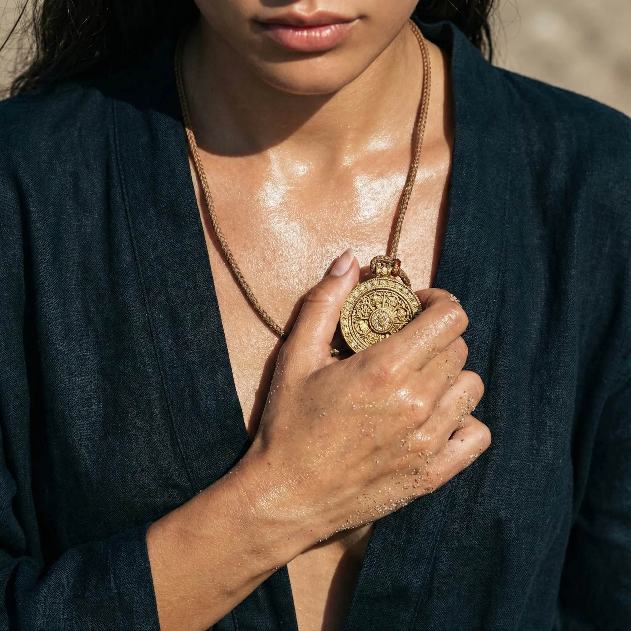 Women's Geometric Charms Necklace - 360-Degree Rotatable Compass Pendant, Hand-Woven Fabric Cord, Retro Metal-Coated Design, Spiritual Grounding Jewelry for Daily Wear & Anxiety Relief