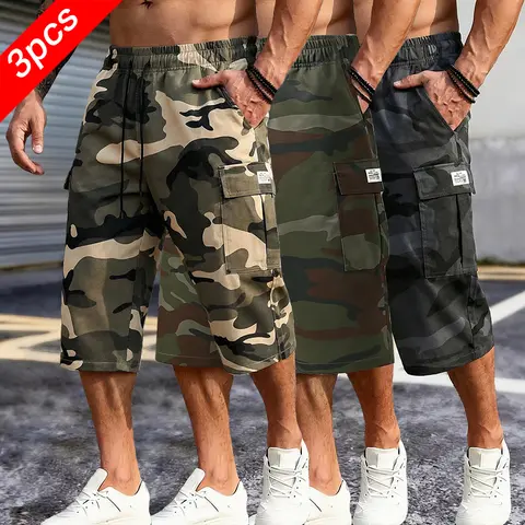 Men's 3-Pack Summer Camouflage Cargo Shorts - 3‑Pack Value, breezy camo look, Cool All‑Day Wear, stylish loose-fit, breathable knee-length, with pocket men's shorts, beach casual bottoms, beach to gym