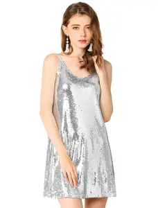 INSPIRE CHIC Glitter Sequin V Neck Adjustable Straps Party Glam Mini Dress