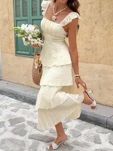 Women's French Summer Butter Yellow Ruffle Sleeve Tiered Maxi Dress | Boho Vacation Beach Sundress | White Graduation & Bridal Shower Dress | Ibiza Resort Wear | Casual Pleated Wedding Guest & Brunch Outfit | Western Boho