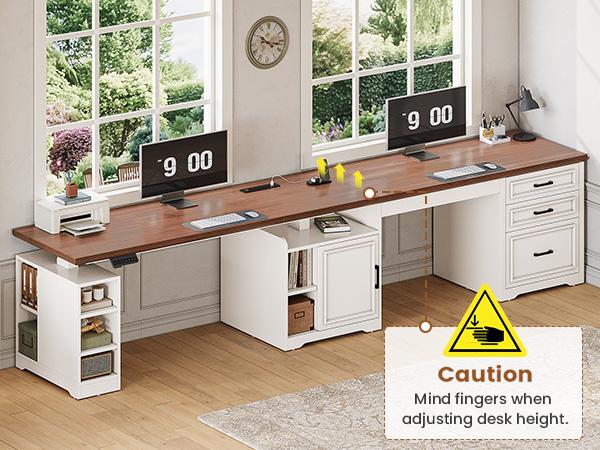 Sedeta 63 Inch L Shaped Electric Standing Desk Height Adjustable Computer Desk with Drawers Shelves Power Outlet Tiltable Tabletop Wood Workstation