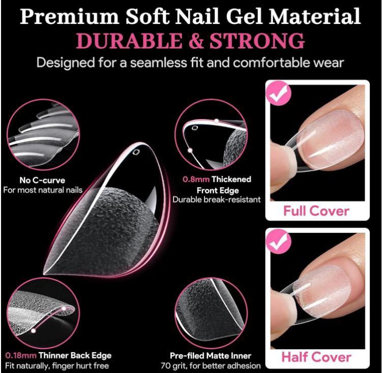 Short Almond Nail Tips - 15 Sizes 240 PCS Half Matte Full Cover Clear Fake Nails Pre-shaped Press On False Nail Tips Acrylic Soft Nail Gel Tips No C Curve Extension Manicure Home DIY Gelly Tips