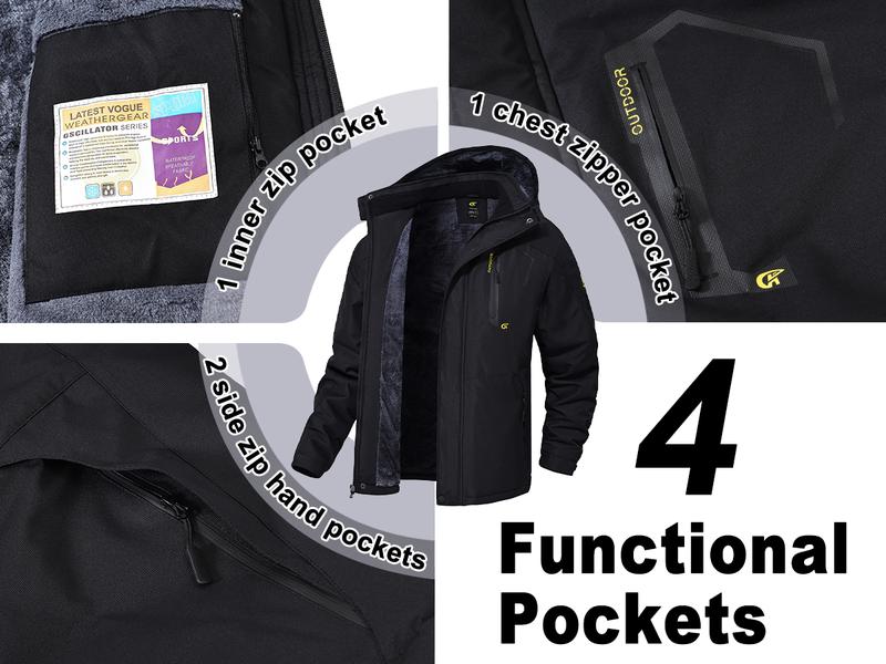 Jurunfeng Men's Waterproof Ski Jacket Warm Winter Snow Coat Mountain Windbreaker Hooded Raincoat with Adjustable Drawstring & Velcro Cuffs