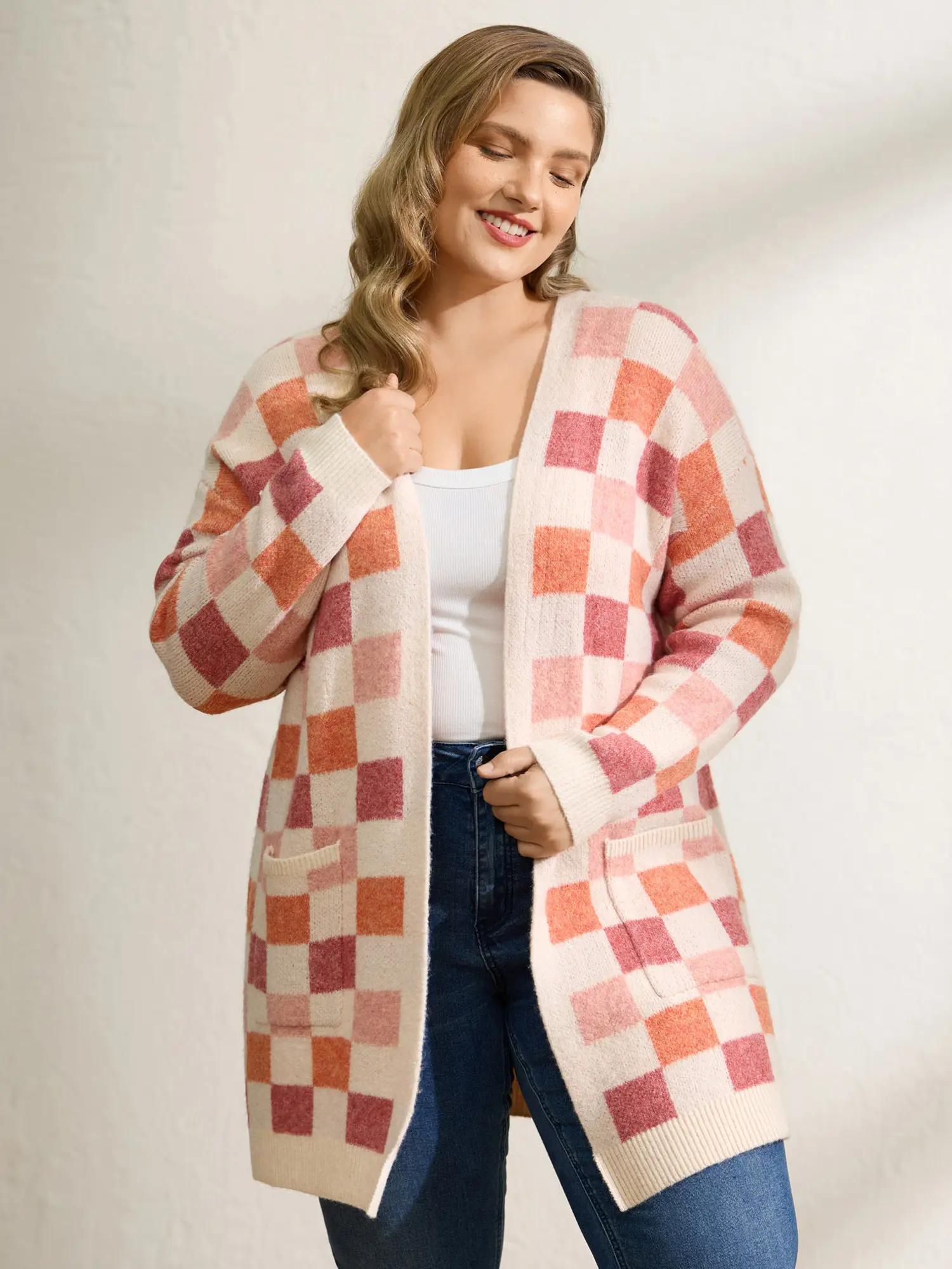 BloomChic Women's V-Neck Checkered Color-Contrast Open-Front Knitting Cardigan - Longsleeve Kimono Collar Lightweight Knitwear, Flattering Fit Medium Duster with Pocket, Easy-On Winter Casual Rouge Plaid Tunic, Longsleeves,Summerfinds