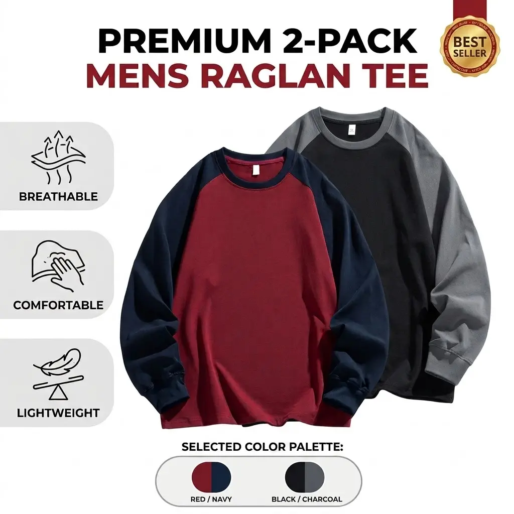 2-Pack Men’s Premium Raglan Long Sleeve T-Shirts, Breathable Colorblock Baseball Style Base Layer Shirts, Comfortable and Breathable