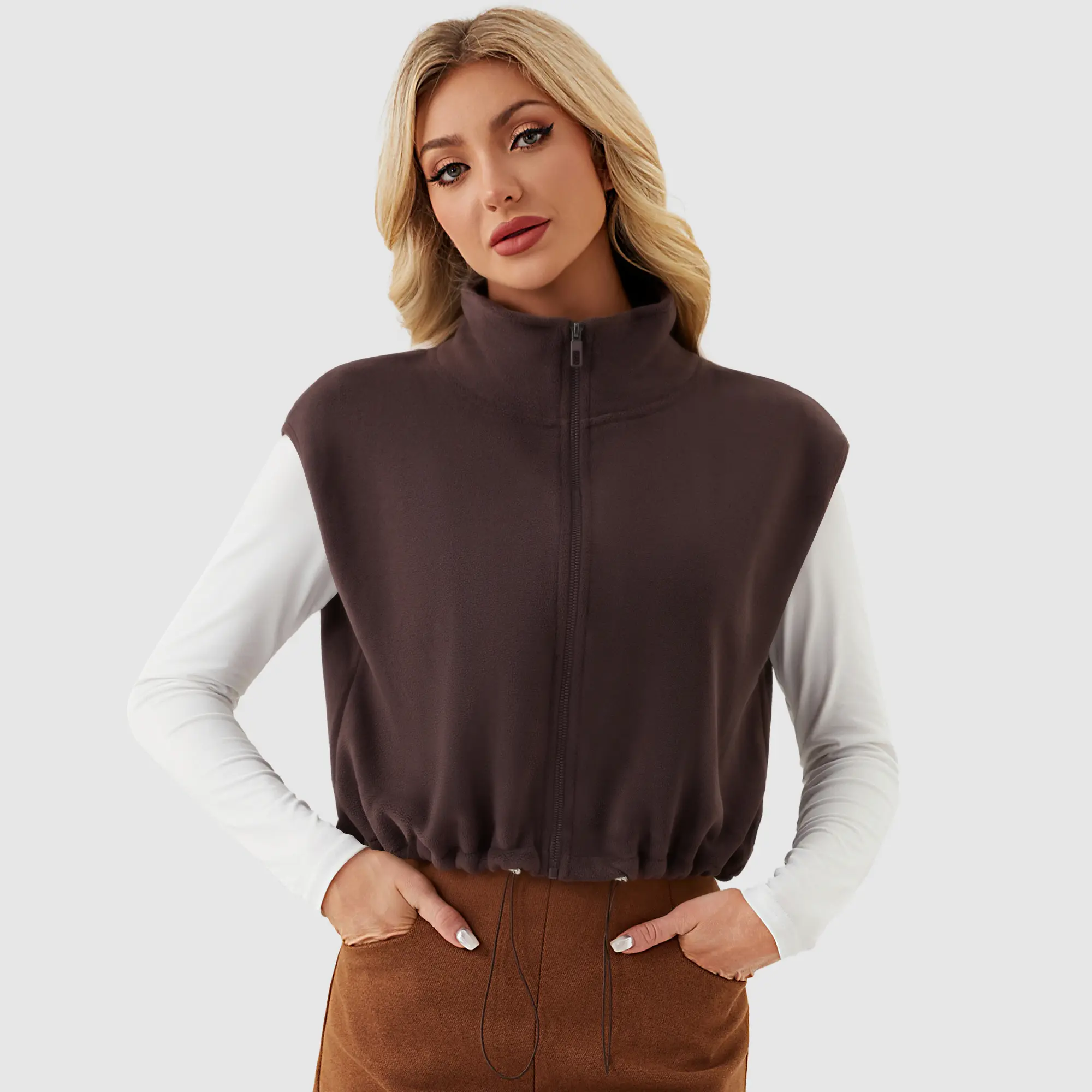 YUCOLEN Women's Cropped Sherpa Fleece Vest, Lightweight Polyester Spandex Sleeveless Outdoor Jacket with Stand Collar & Full Zipper, Fit, Drawstring, Comfortable, Tops