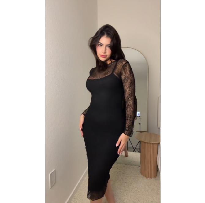 ChicCurve High Standards Dress Elegant Black Lace Dress with Sheer Long Sleeves Formal Fit Summer Outfits White Dress Women's Clothing Premium Lace Fabric Flattering Fit Delicate Lace Detailing Versatile Design for Evening & Cocktail Parties - Feminine