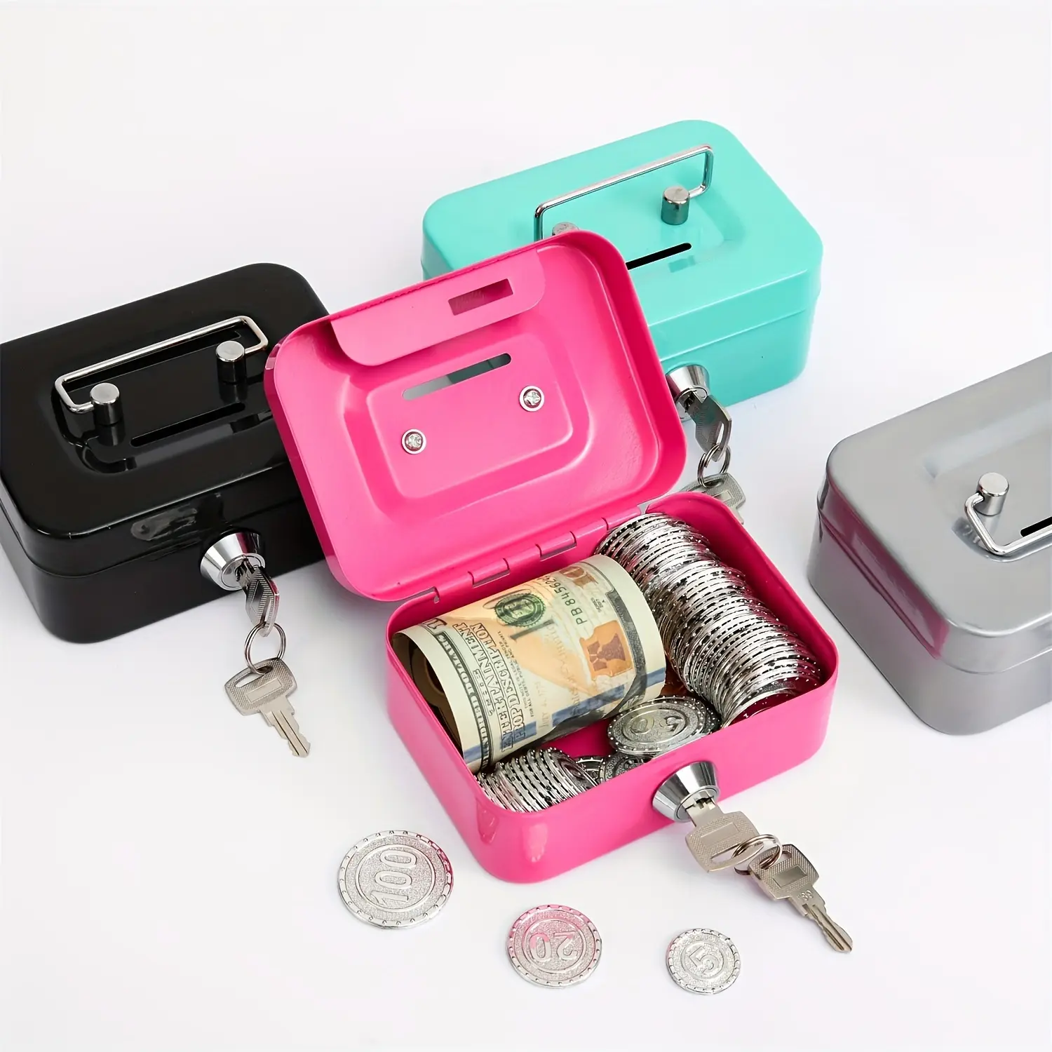 SMART HOME Metal Lock Storage Box - Compact Anti-Theft Durable Cash Valuables Safe with Security Key Lock Portable for Home Office Use in Black Navy Blue Pink Silver