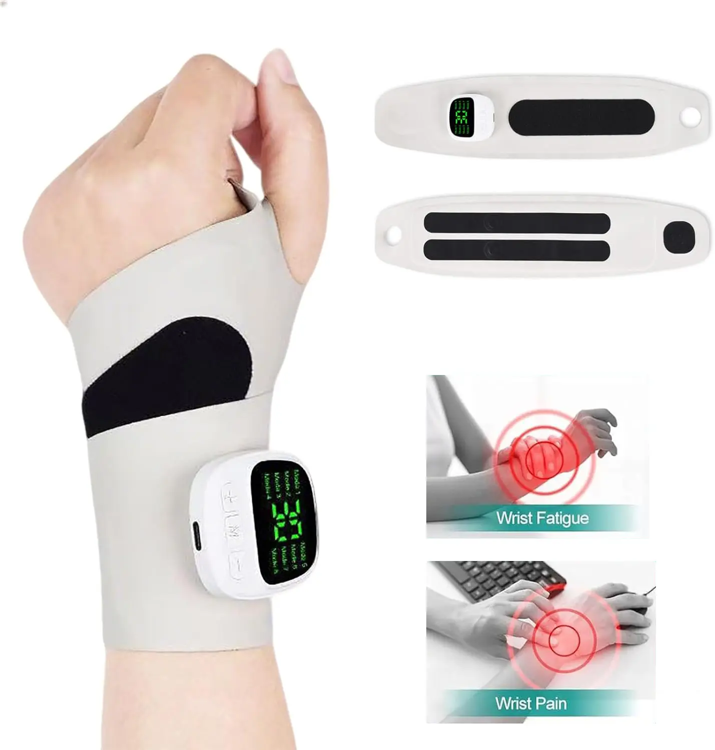 Rechargeable Adjustable Electric Wrist Massager, Cordless Hand Wrist Pad with Ergonomic Support, Detachable Host, 8 Modes, 30 Intensity Levels for Home Office Travel Sports, Gift, Adults