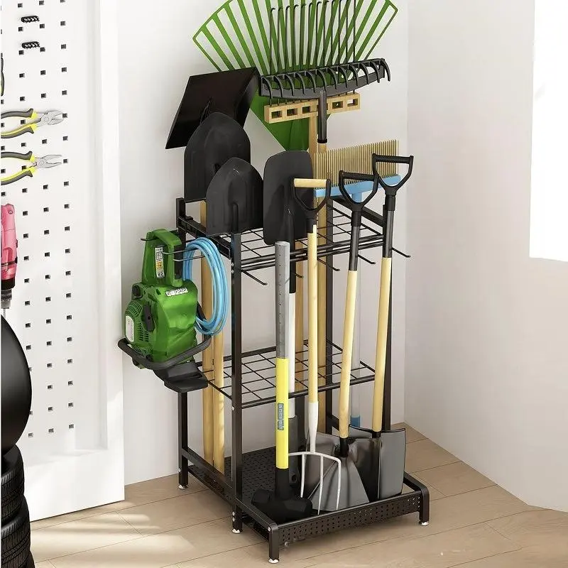 Metal Frame Garden Multi-Tool Rack with Hooks - Garage Storage Stand for Shovels, Rakes, Brooms - Suitable for Yard, Shed Use