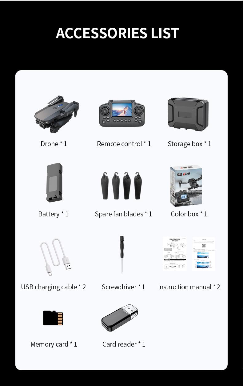 The new 2026 E88 drone comes with two batteries, foldable arms, a remote control with a screen and app control, USB charging, 480P video recording resolution, and 2.4G functionality, making it the perfect gift for outdoor camping and travel. Photography